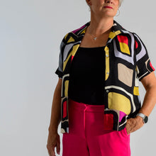Load image into Gallery viewer, Sixties short sleeve shirt black fushia gold lilac and red abstract print

